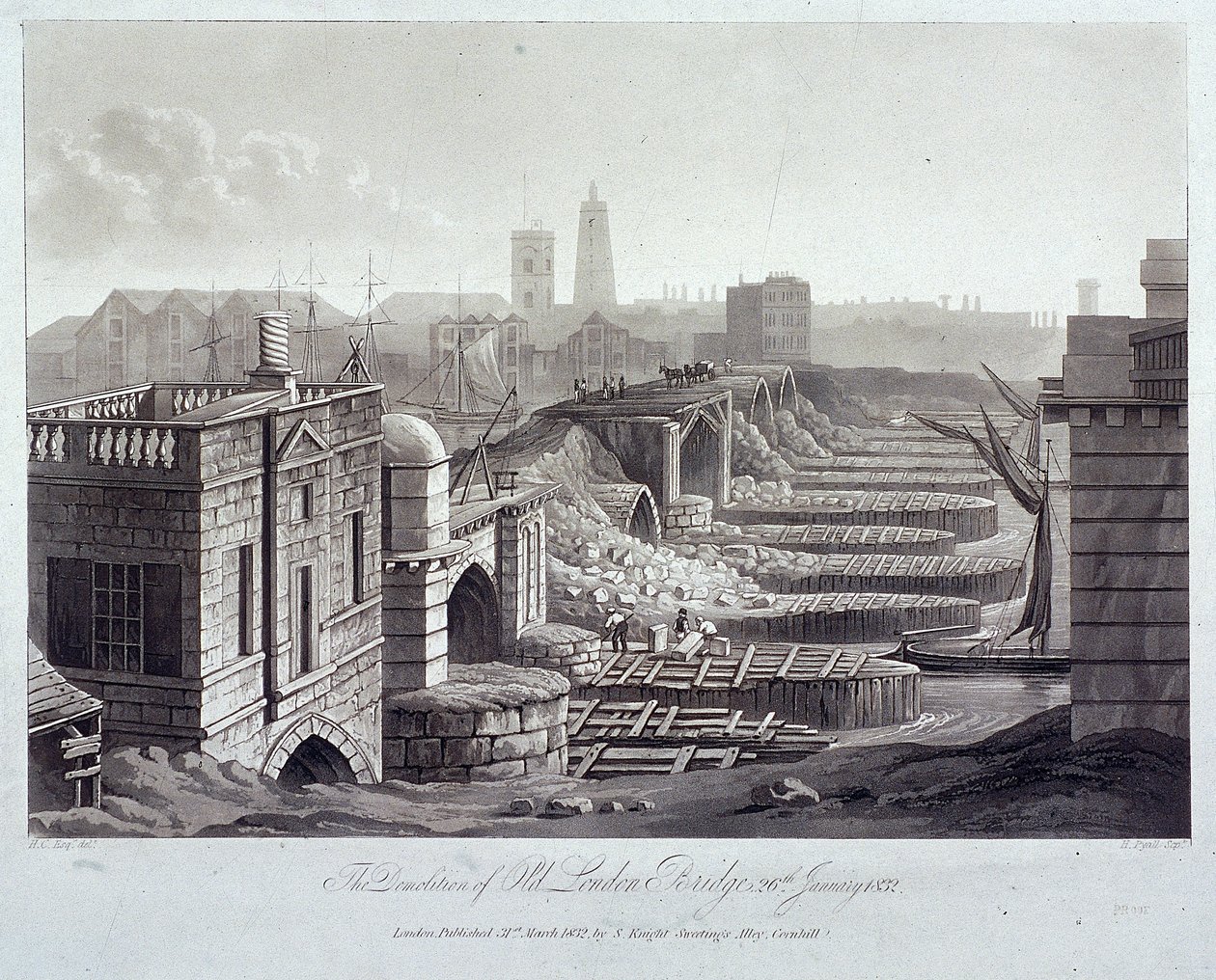 London Bridge gamle, London, 1832 av Henry Pyall