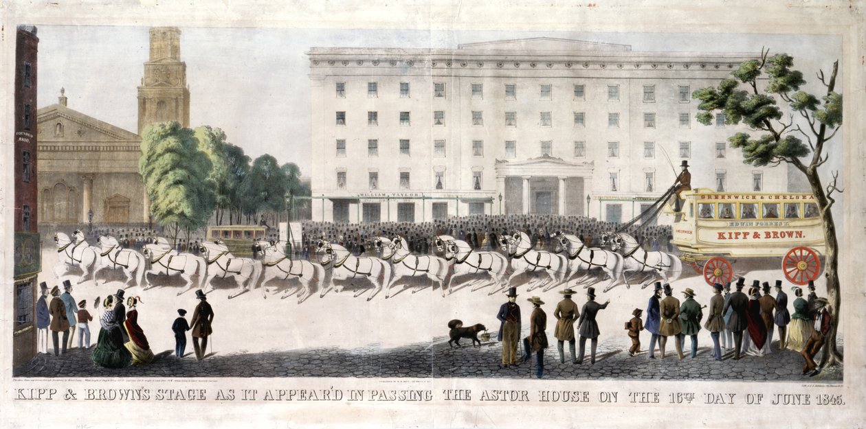 Kipp og Browns scene slik den dukket opp ved å passere Astor-huset den 16. juni 1845, 1845 (håndfarget litho) av Henry R. Robinson
