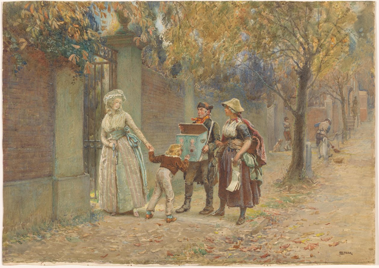 Mann med en visningsboks og en sangselger av Henry Reynolds Steer (signed by artist)