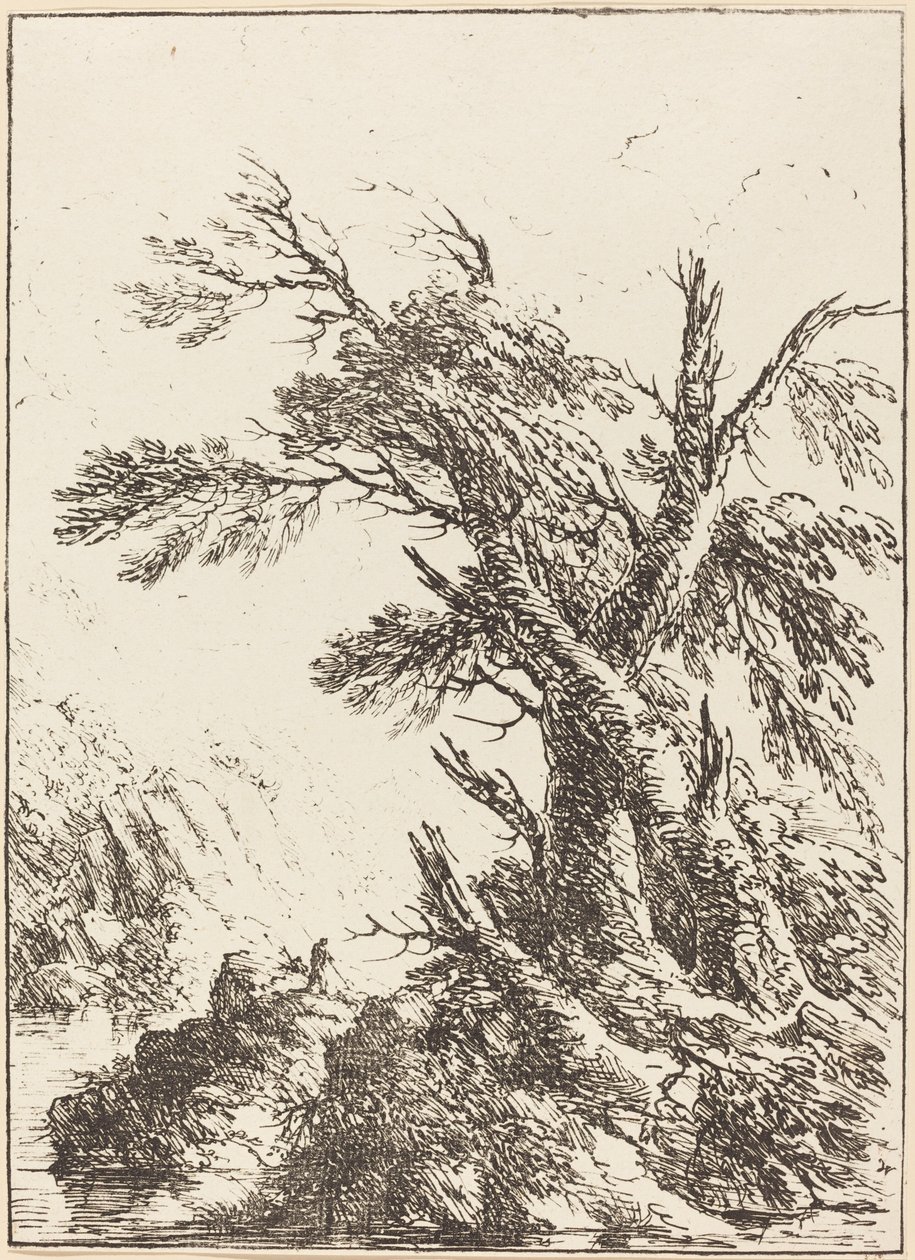 Landskap med gamle trær ved vann av Henry Richard Greville, 3rd earl of Warwick