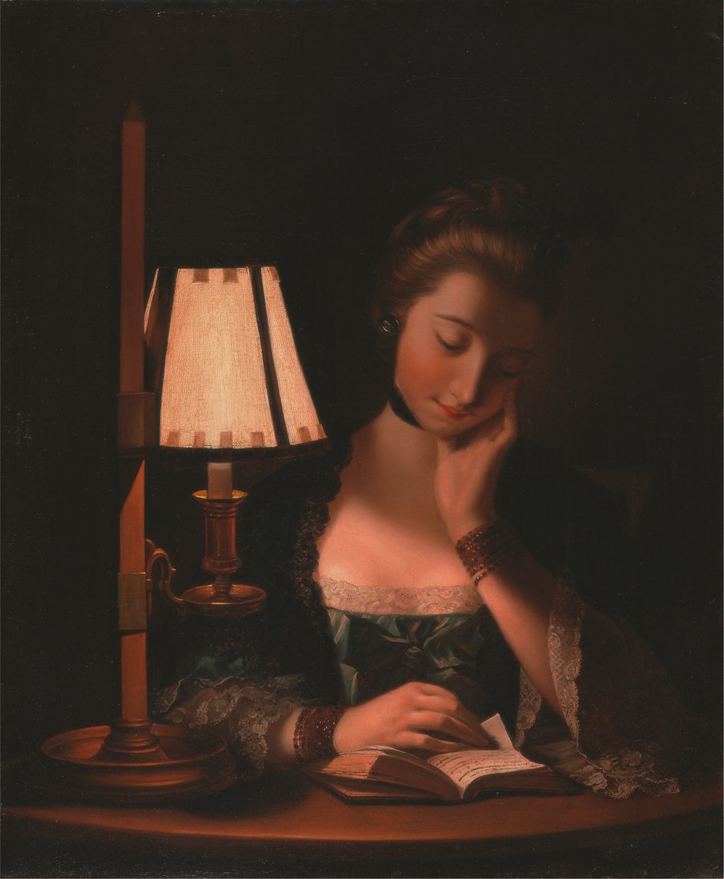 Kvinne leser av en papirklokkeskjerm av Henry Robert Morland