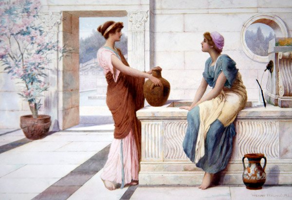 Gossip, ca. 1895 (akvarell om bord) av Henry Ryland