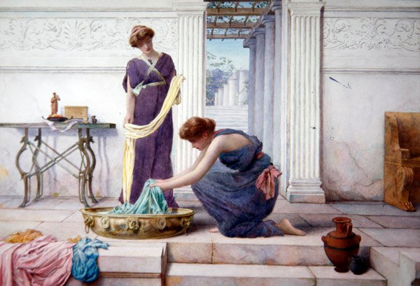 Husholdningsplikter, ca. 1895 (akvarell på papir lagt ned om bord) av Henry Ryland