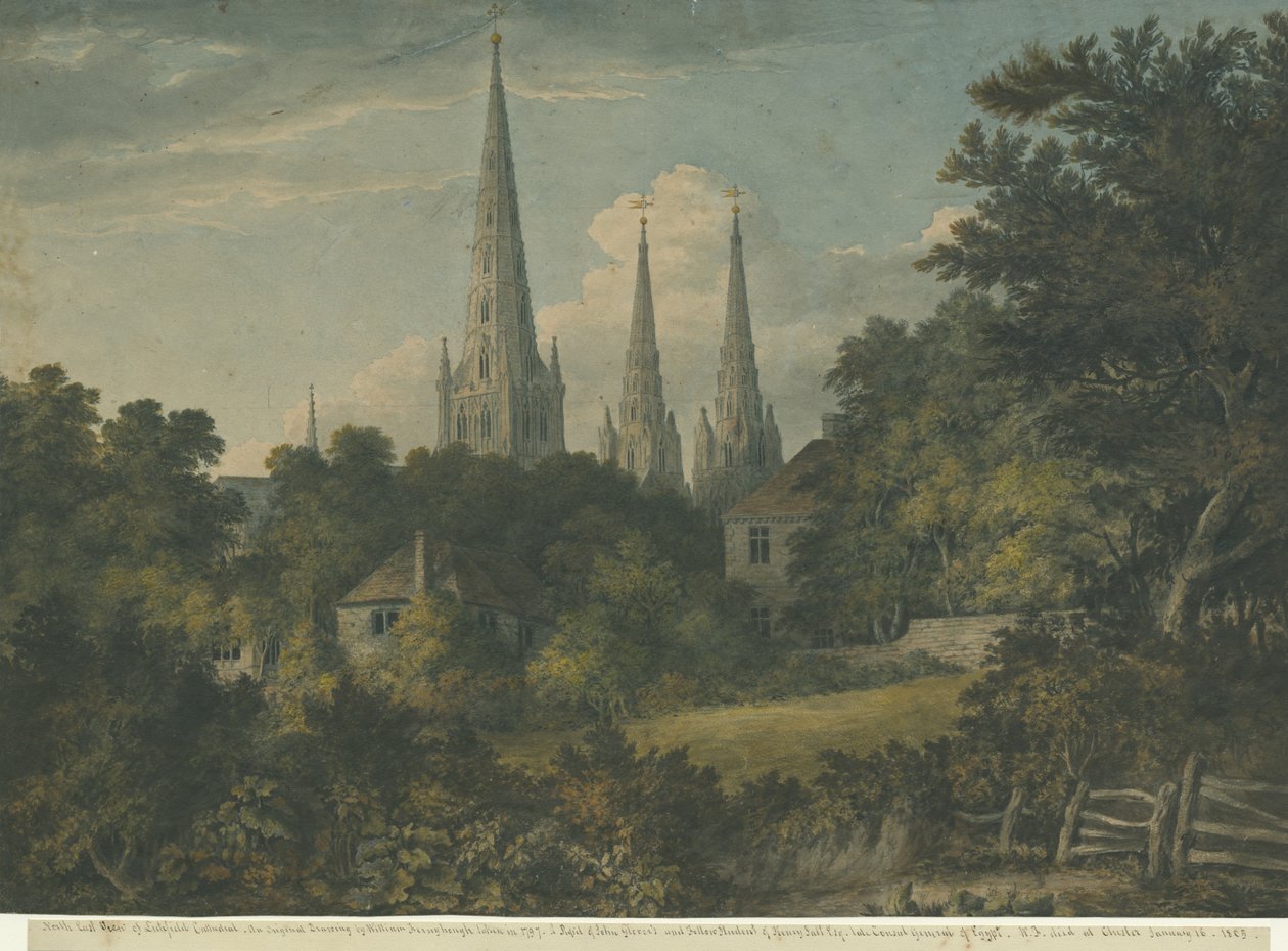 Lichfield Cathedral - North East View: vannfargemaleri, 1797 av Henry Salt