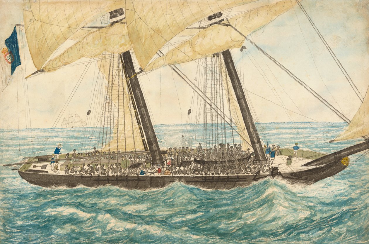 Den portugisiske slaven Diligenté tatt til fange av H.M. Sloop Pearl med 600 slaver om bord, mai 1838. av Henry Samuel Hawker