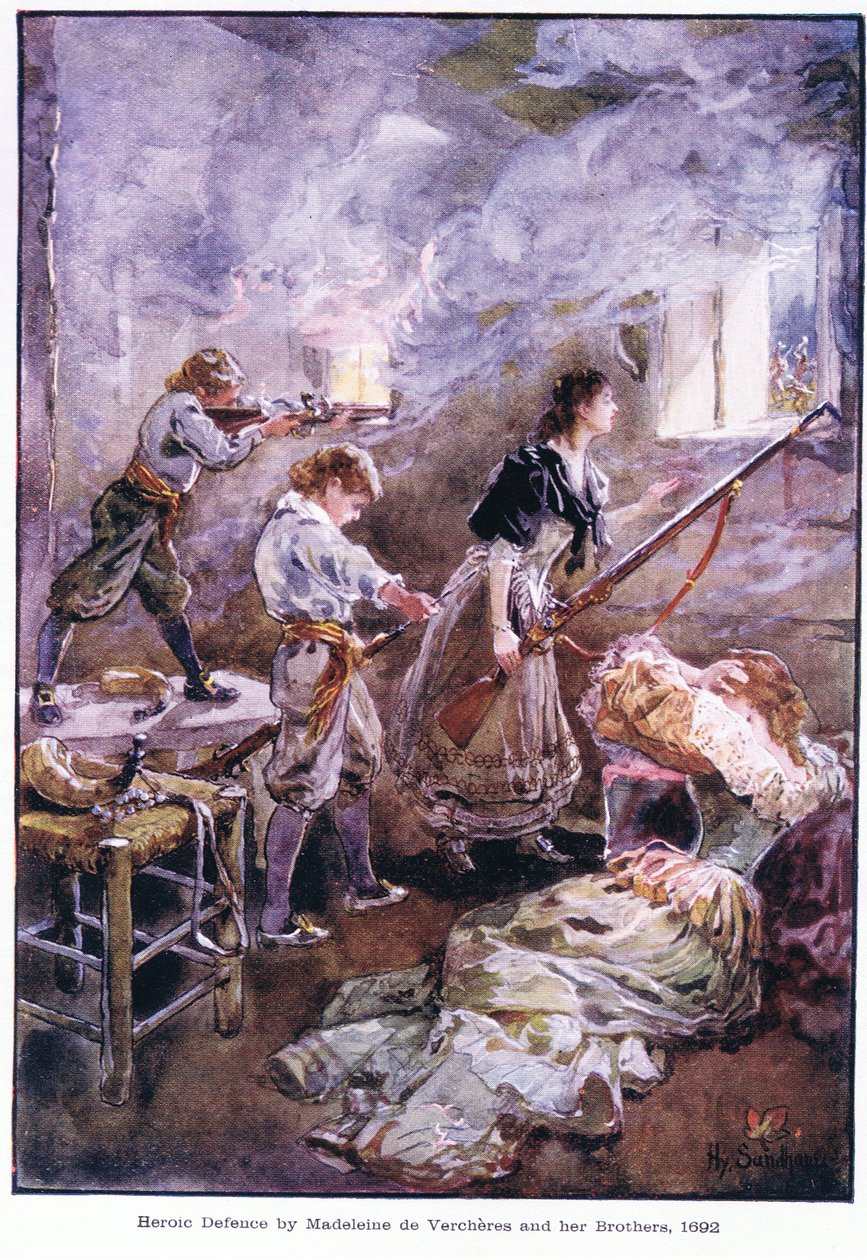 Heroisk forsvar av Madeleine de Vercheres og hennes brødre 1692, ca. 1920 av Henry Sandham
