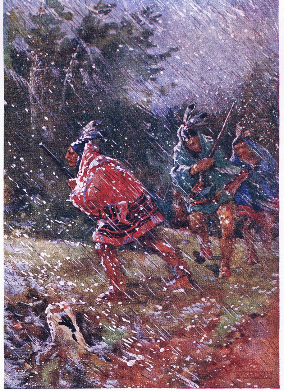 Røde indianere på jakt i en snøstorm av Henry Sandham