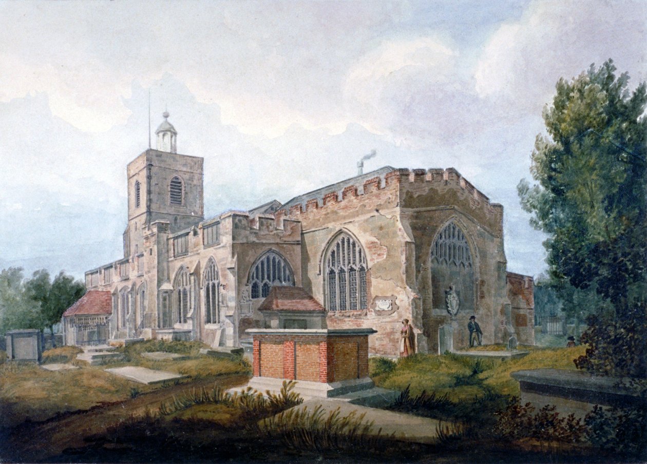 Sørøstutsikt over Church of St Dunstan, Stepney, London, c1820 av Henry Sass