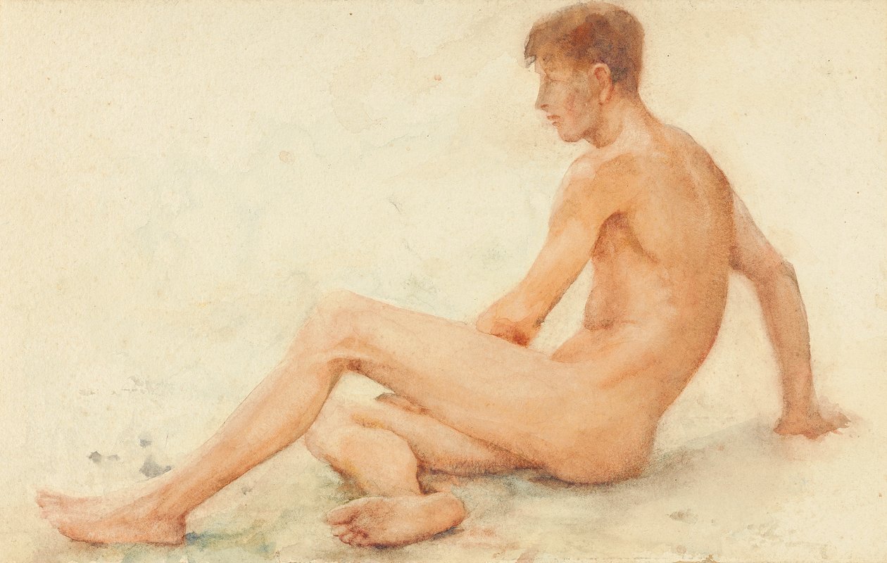 Studie av en mann naken, sittende, snur seg bort til høyre av Henry Scott Tuke