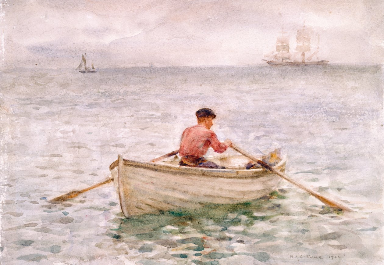 The Waterman and His Boat, 1921 (wc på papir) av Henry Scott Tuke