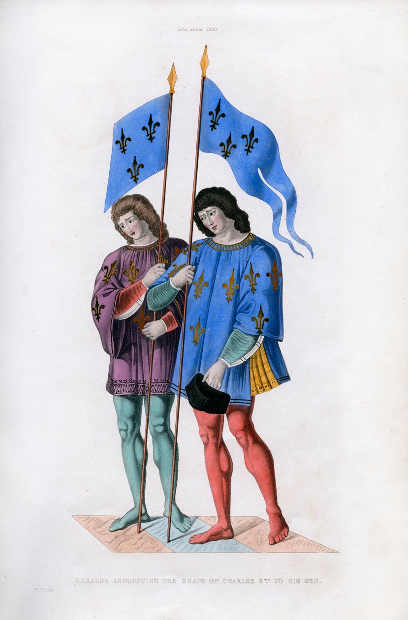 Heraldere som kunngjorde Charles VIs død til sønnen, c1500, 1843. av Henry Shaw