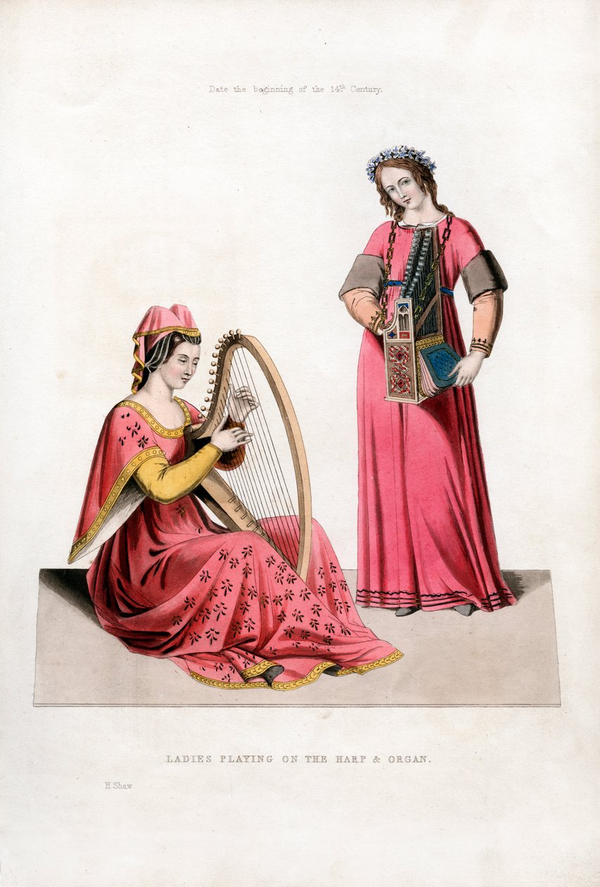 Damer som spiller på harpe og orgel, tidlig på 1300-tallet, 1843. av Henry Shaw