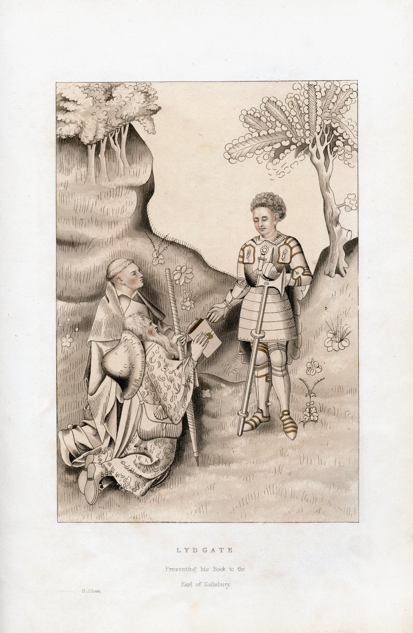 Lydgate presenterer boken sin for jarlen av Salisbury, 1426, 1843. av Henry Shaw