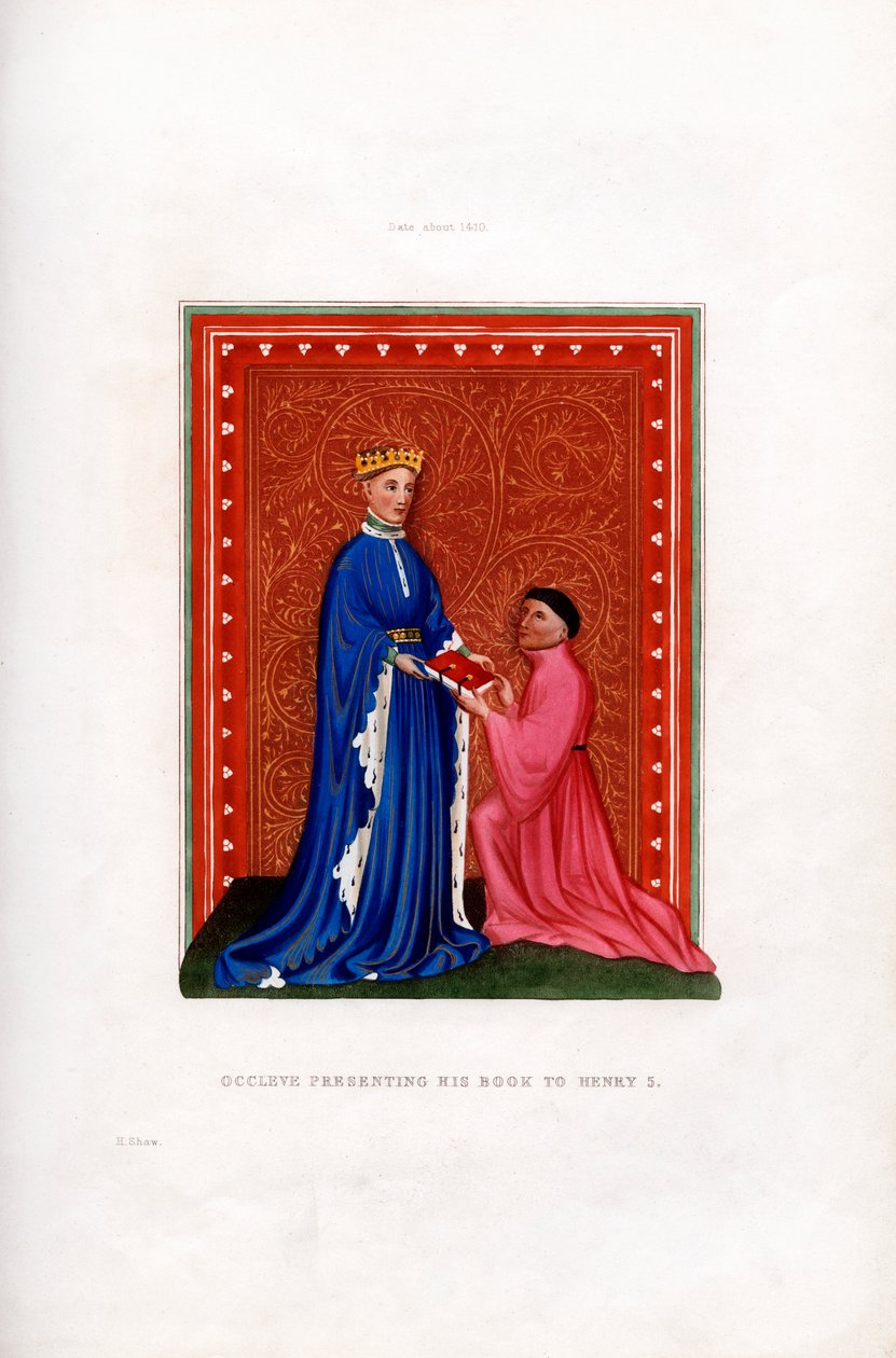 Occleve presenterer boken sin til Henry V, c1410, 1843. av Henry Shaw