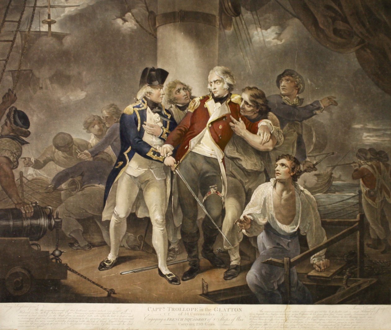 Capt. Trollope i Glatton of 54 Carronades Engasjerer en fransk skvadron på 8 krigsskip som frakter 230 kanoner, gravert av James Daniell, 1797 (mezzotint) av Henry Singleton