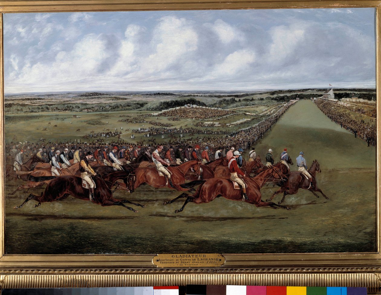 Ved turn, Gladiator-vinner av det engelske derbyet Maleri av Henri Alken (1774-1850) 1865. Paris, Societe-oppmuntring - Ved turn, “” Gladiateur””” vinner av det engelske derbyet. Maleri av Henry Alken (1774-1850) 1865. Societe d