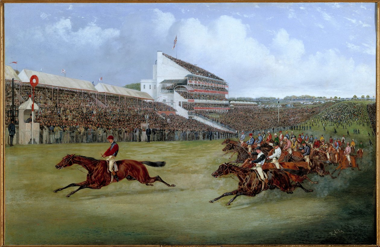 Hesteveddeløp: "" Gladiator ankom i 1865"" Maleri av Henri Alken (1774-1850) 1865 Paris. Samfunnsoppmuntring av Henry Sr Alken