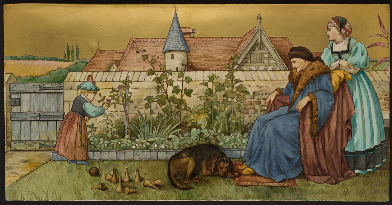 Sans Everything, plakett som viser en illustrasjon fra Shakespeares Seven Ages, Minton ware, Staffordshire, 1874 (emaljert fajanse) av Henry Stacey after Marks