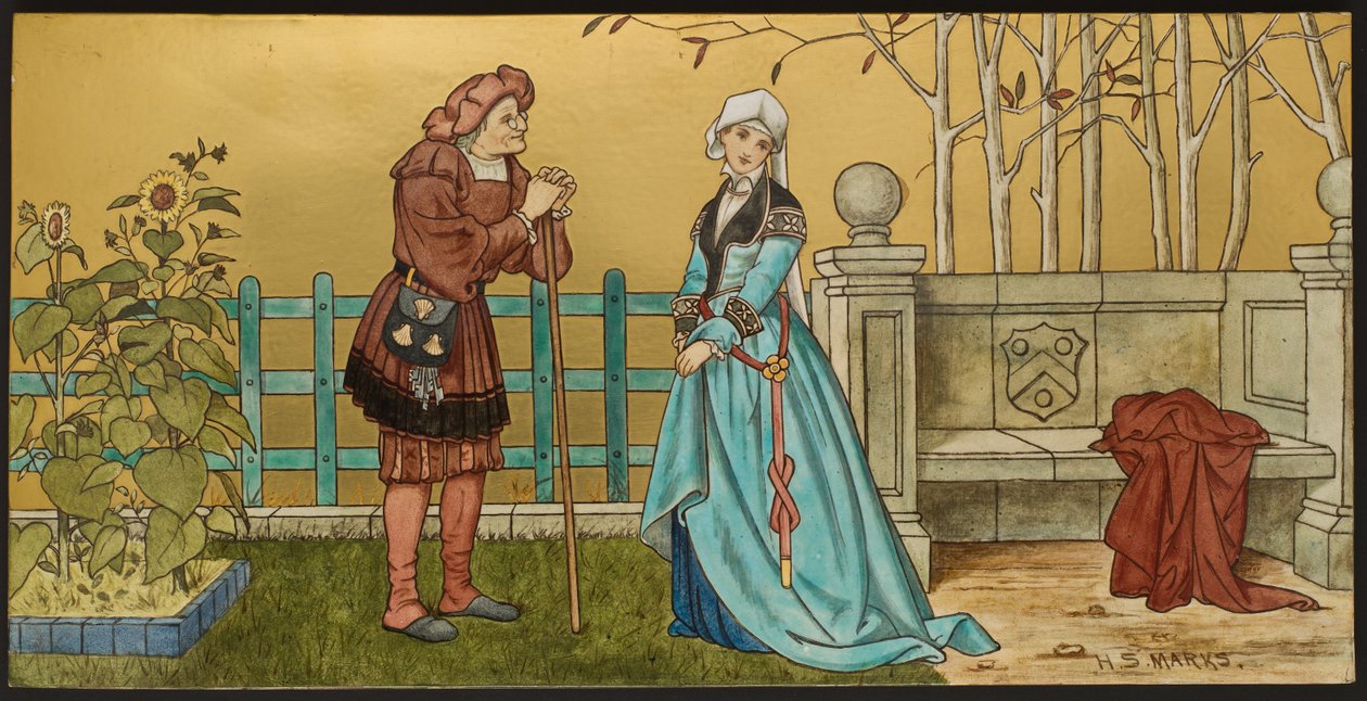 The Pantaloon, plakett som viser en illustrasjon fra Shakespeares Seven Ages, Minton ware, Staffordshire, 1874 (emaljert fajanse) av Henry Stacey after Marks