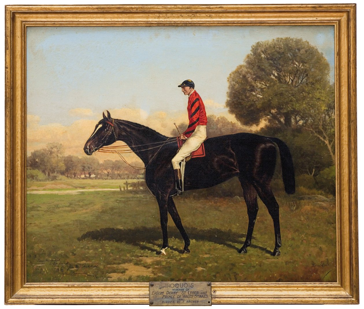 Iroquois med Fred Archer, vinner av Epsom Derby, St. Leger og Prince of Wales Stakes i 1881, 1895 av Henry Stull