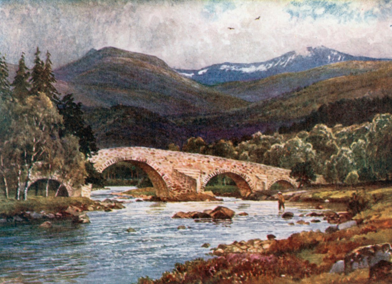 Old Mar Bridge og Lochnagar, Aberdeenshire (fargelitografi) av Henry Sutton Palmer