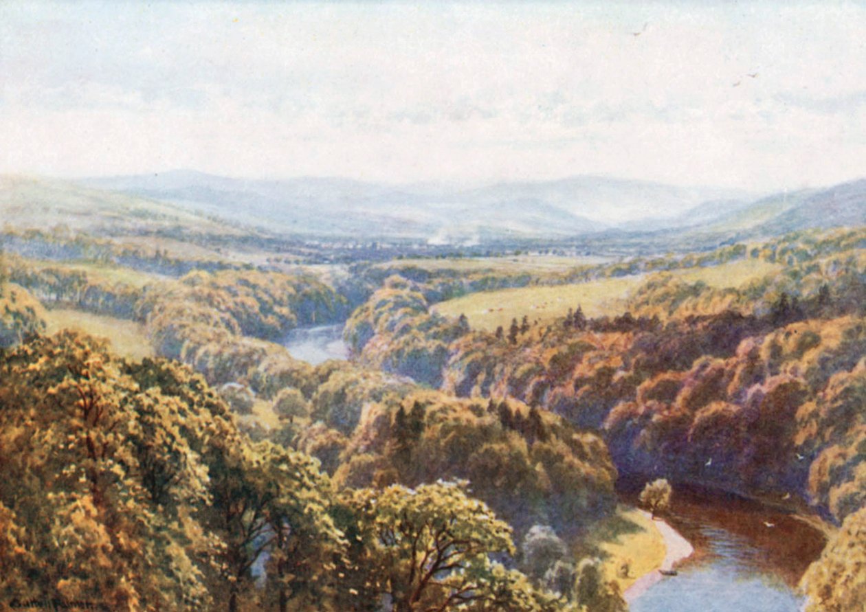 Scotts favorittutsikt fra Bemerside Hill, Roxburghshire (fargelitografi) av Henry Sutton Palmer