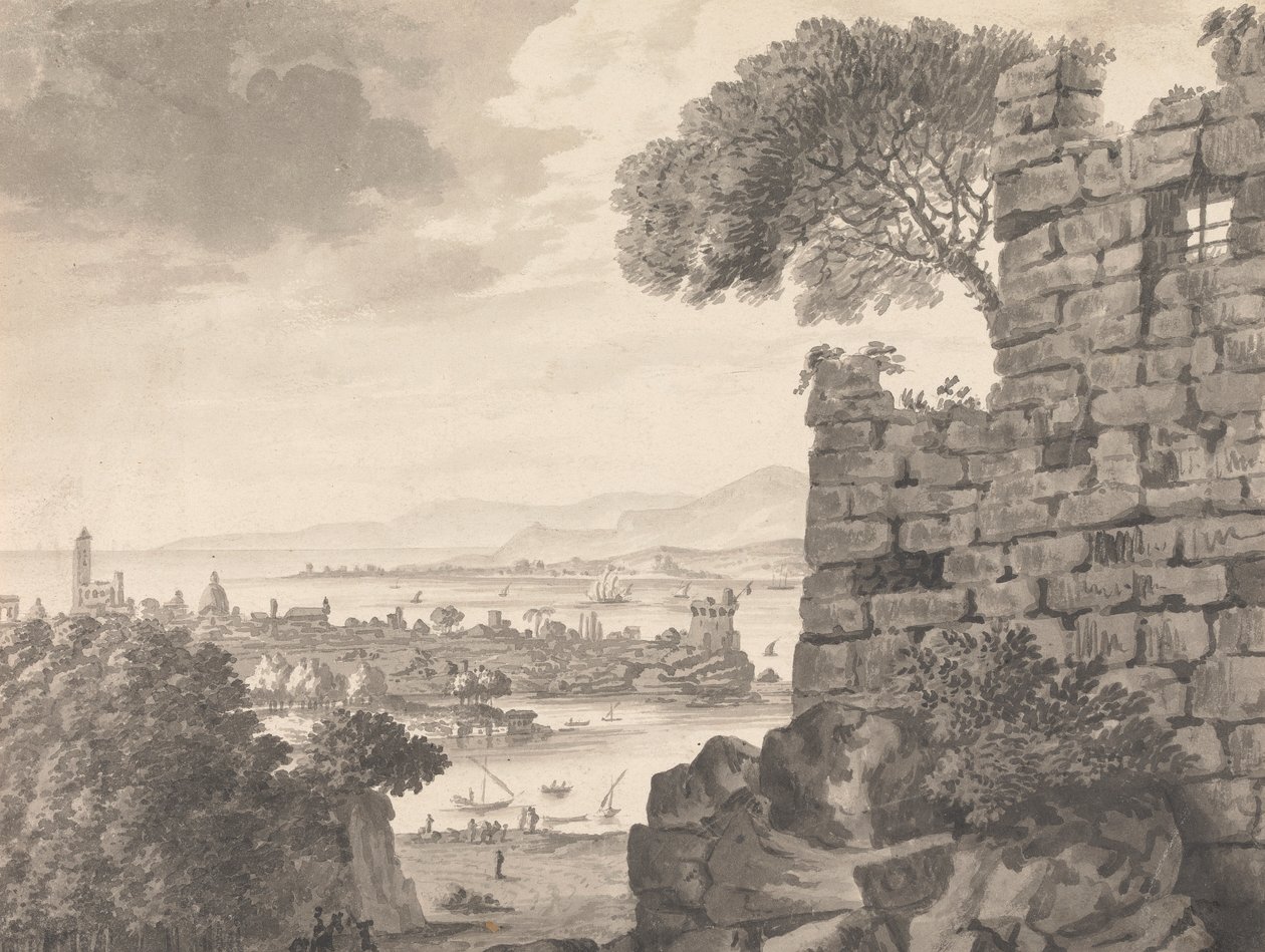 Landskap med ruiner i forgrunnen, havn og landsby, i bakgrunnen av Henry Swinburne