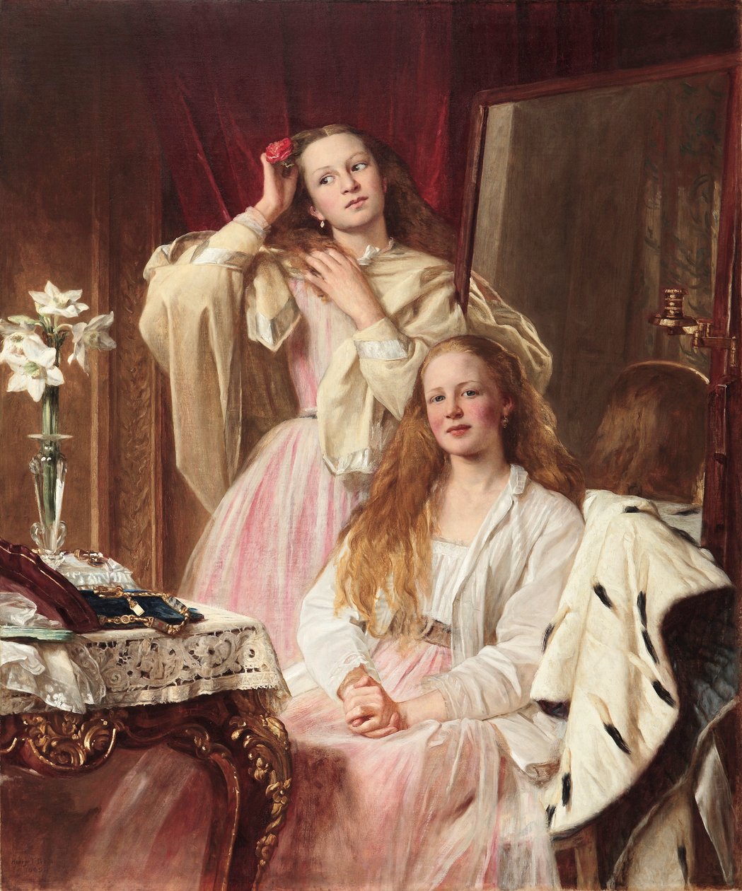 Portrett av Emma og Frederica Bankes fra Soughton Hall ved toalettbordet deres, 1869 av Henry Tanworth Wells