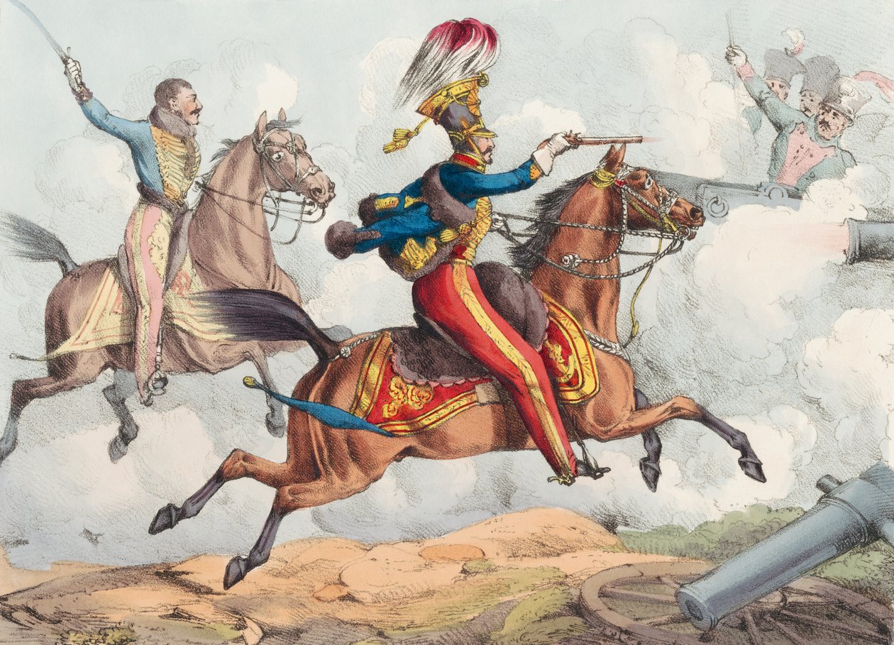 Et kavaleriangrep i et slag fra 1800-tallet. av Henry Thomas (after) Alken
