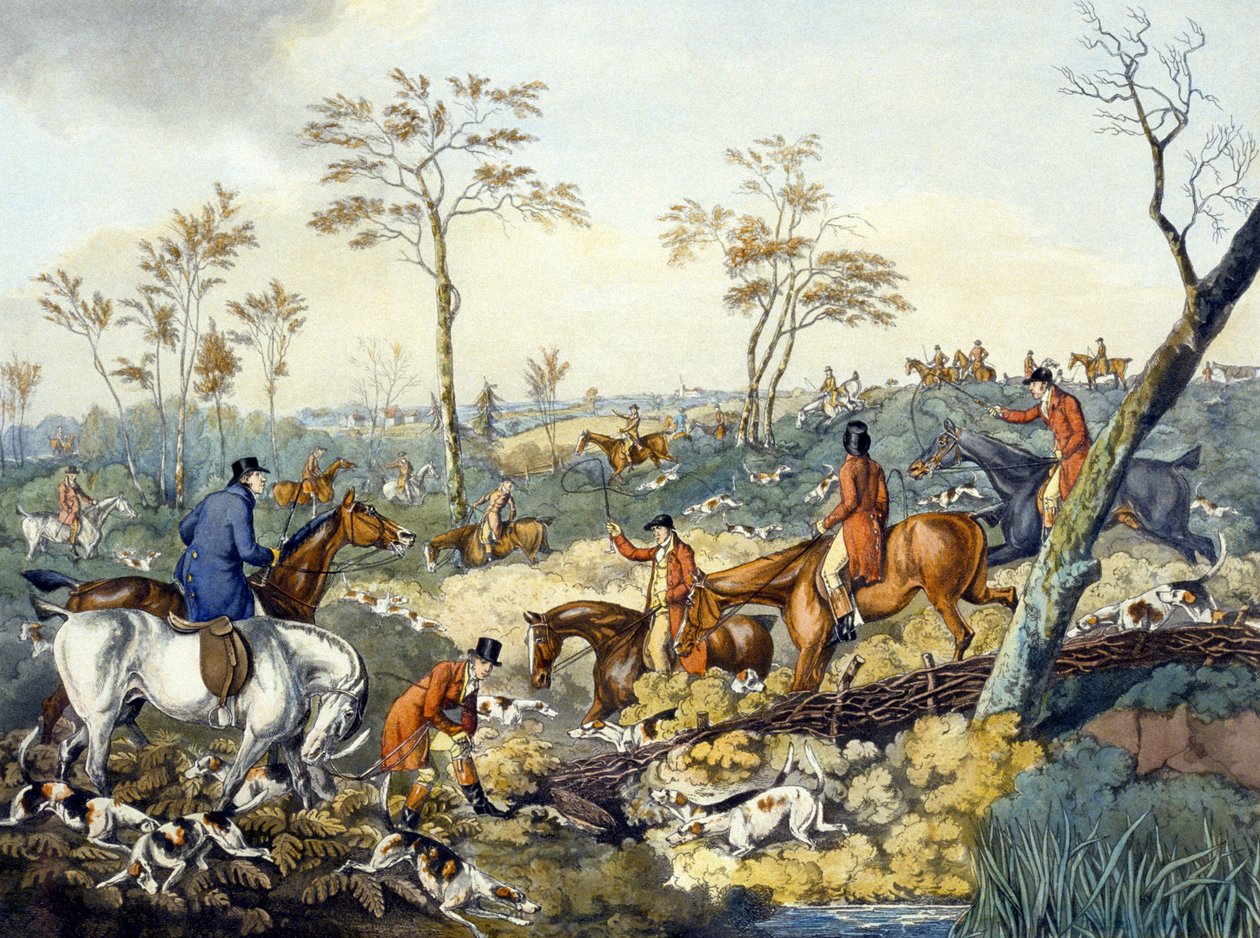Tegning av et omslag, fra 'Foxhunting', gravert av Thomas Sutherland (1785-1838) (farge litho) av Henry Thomas (after) Alken