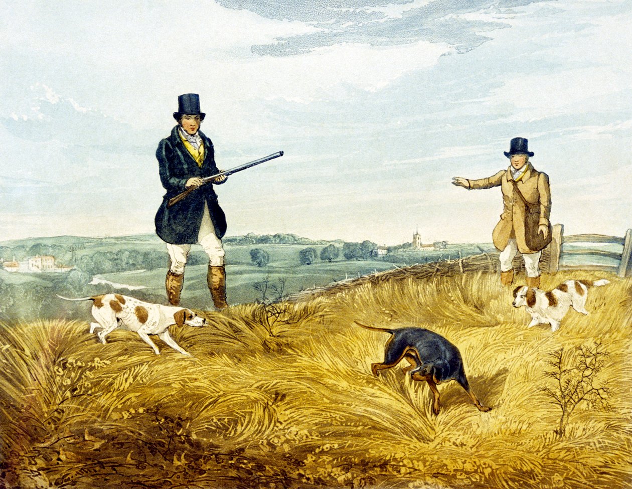 Gun and Loader, plate fra 'Partridge Shooting', gravert av Joseph Clayton Bentley (1809-51) 1794 (fargegravering) av Henry Thomas (after) Alken