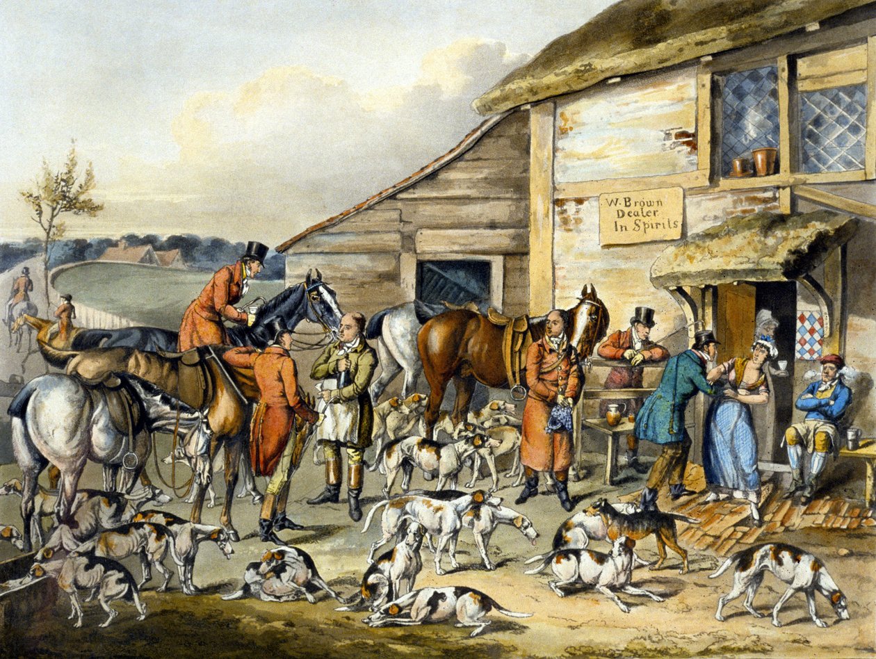 The Refreshment, fra 'Foxhunting', gravert av Thomas Sutherland (1785-1838) (farge litho) av Henry Thomas (after) Alken