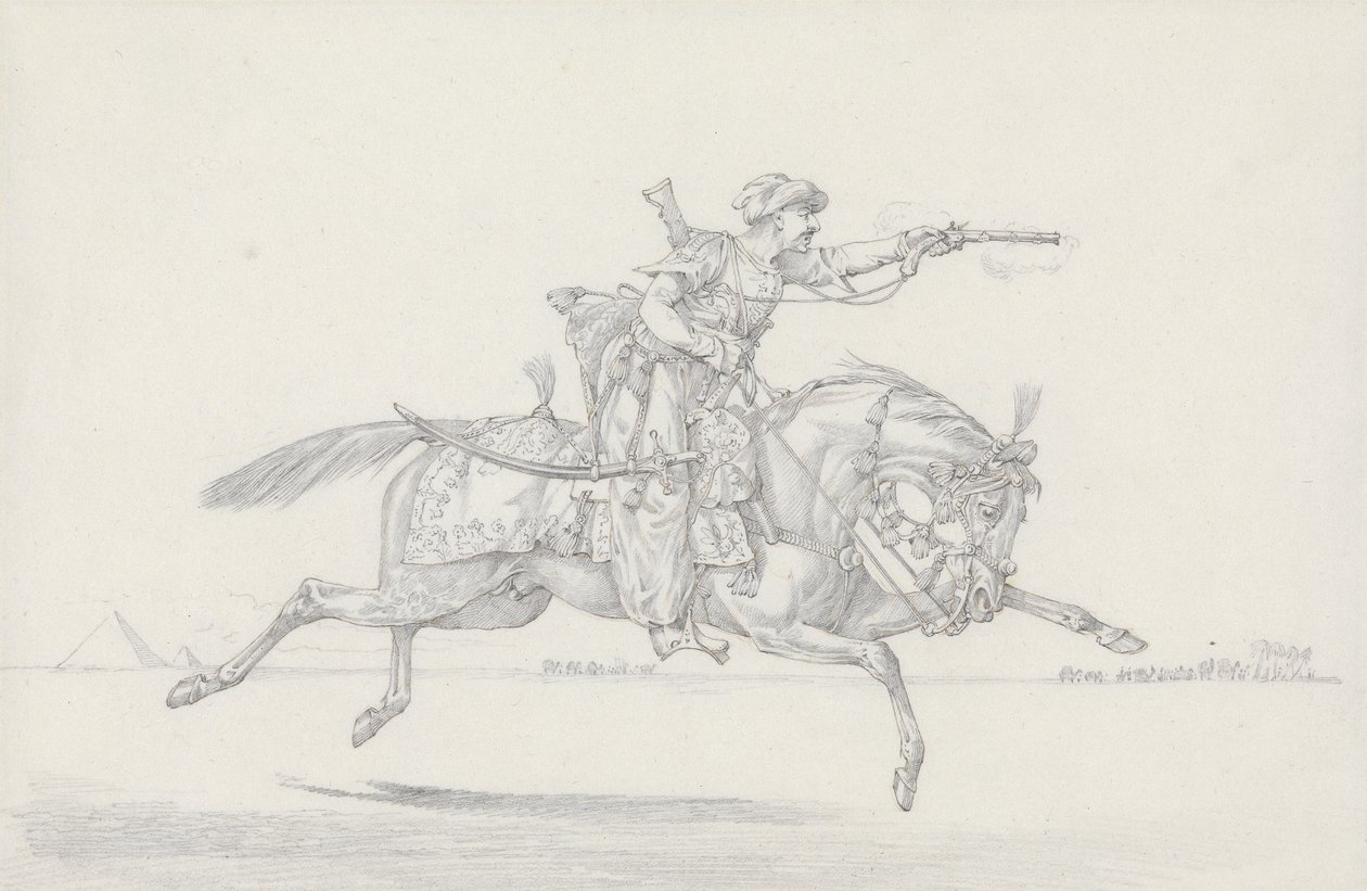 En ladende mameluke som avfyrer en pistol (grafitt og rødt kritt på papir) av Henry Thomas Alken