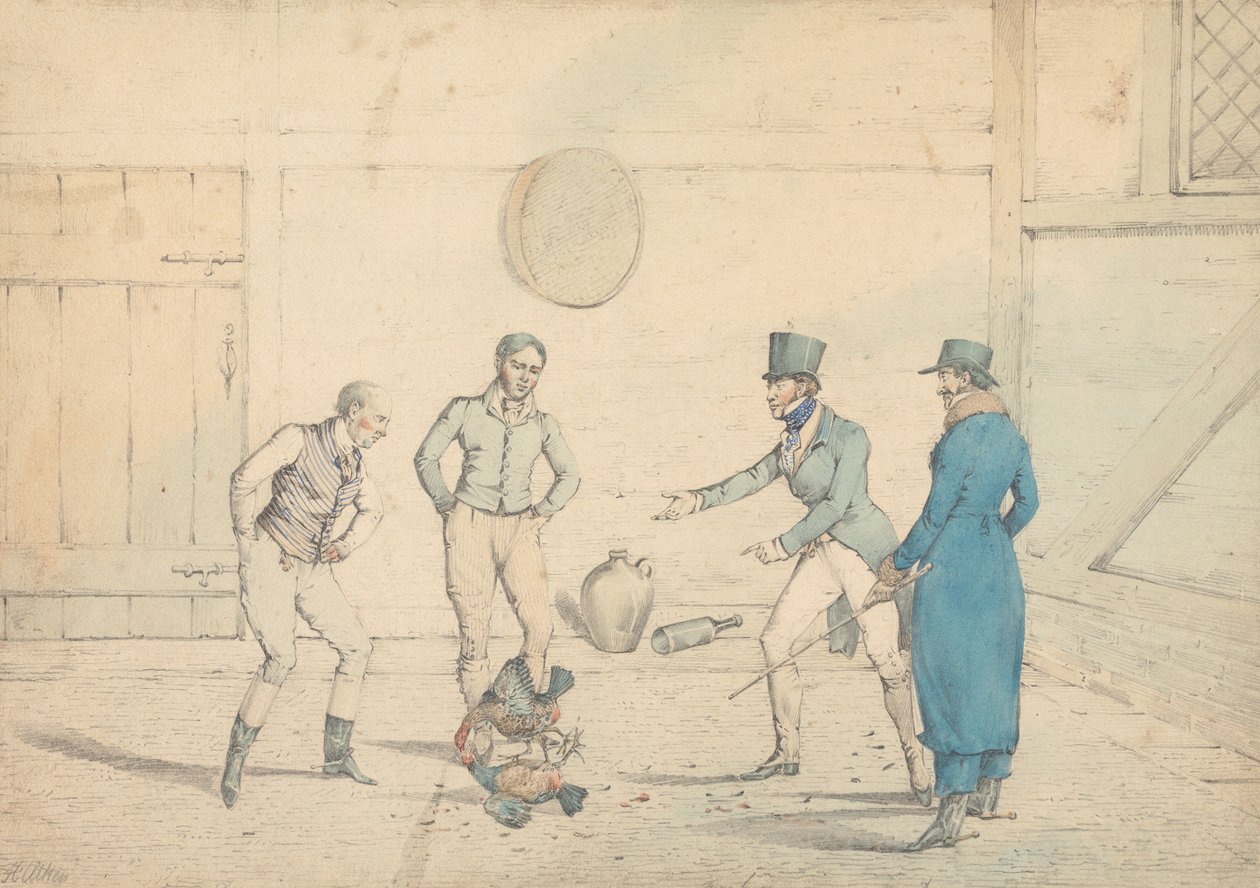 En hanekamp betraktet av fire menn i et uthus: Kampen, gravert som plansje 39 i "The National Sports of Great Britain" av Henry Thomas Alken