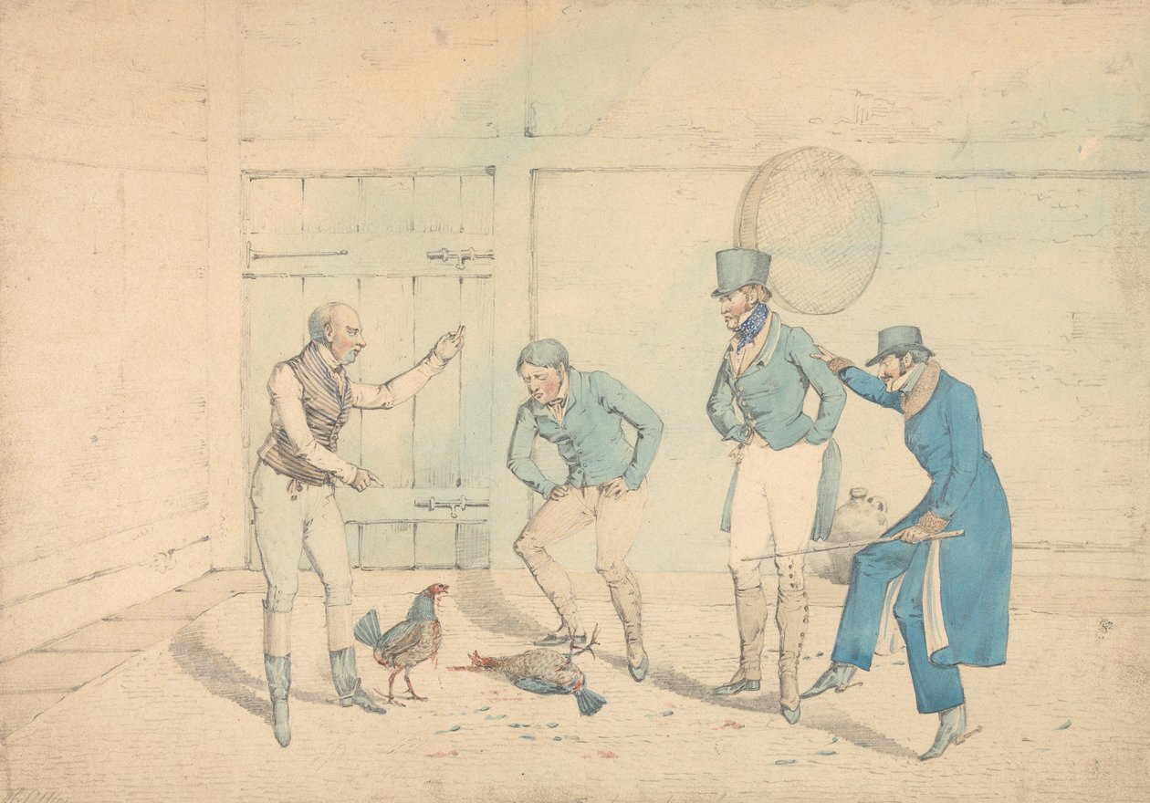 En hanekamp betraktet av fire menn i et uthus: Døden, gravert som plansje 40 i "The National Sports of Great Britain" av Henry Thomas Alken