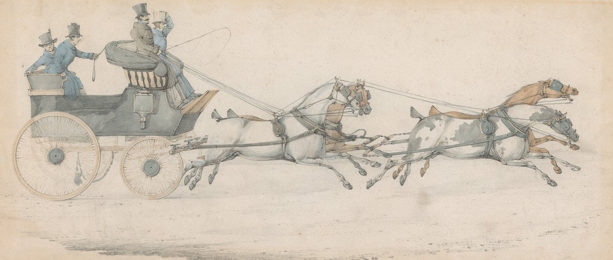 En gentleman kjører med et firspann foran en postfajetong, ledsaget av tre stallgutter av Henry Thomas Alken