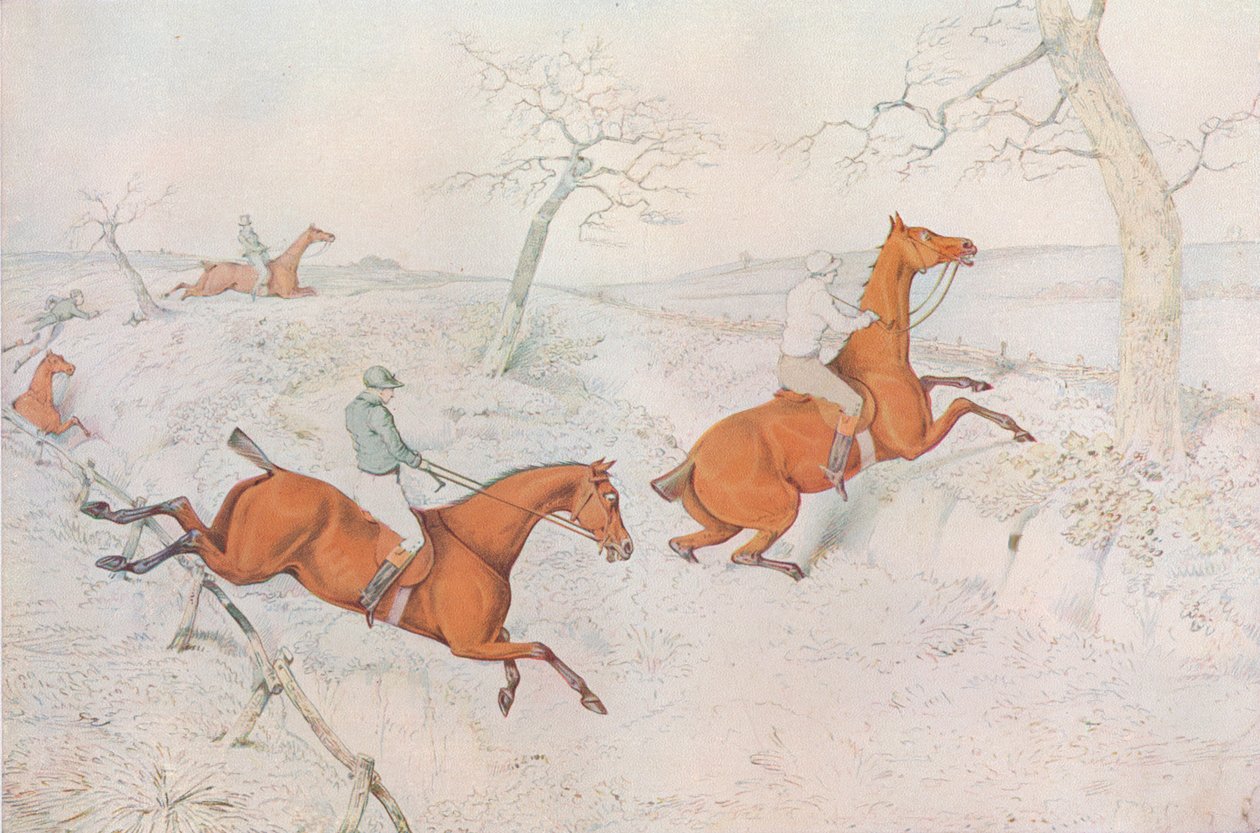 A Steeplechase: Krysser en dyp ravine som er farlig å passere, 1827 av Henry Thomas Alken