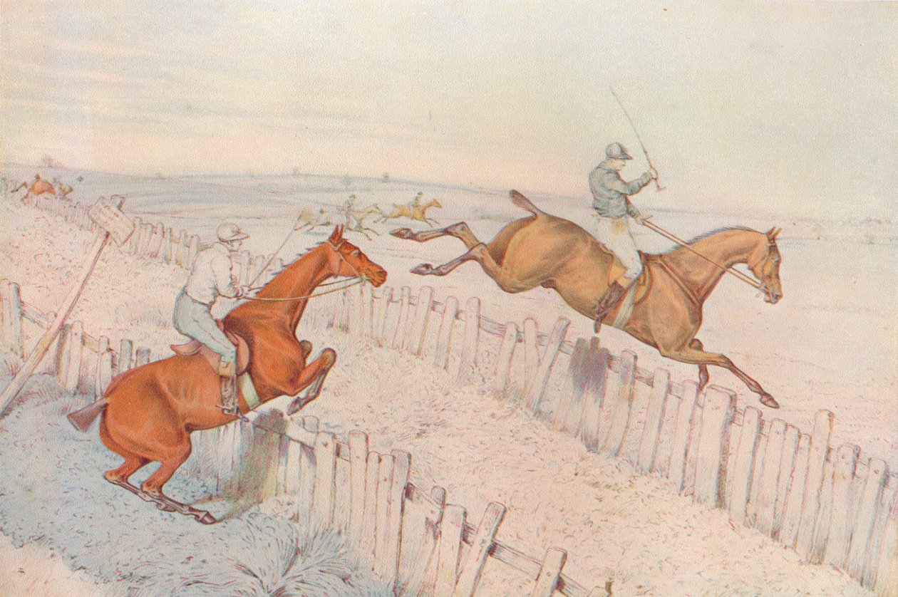 A Steeplechase: Går over en gammel blind vei, og gjør det bra: selv veddemål, 1827 av Henry Thomas Alken
