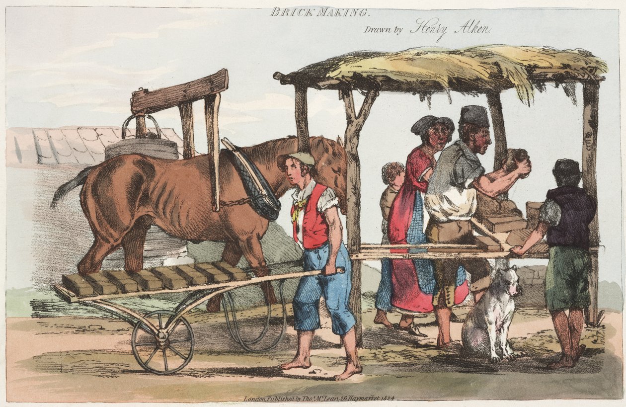 Brick Making, utgitt av Thomas Mclean fra Haymarket, 1824 (farget etsning) av Henry Thomas Alken