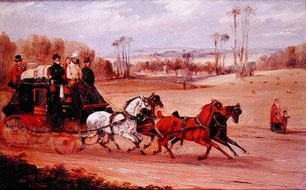 Dover til London Coach (olje på panel) av Henry Thomas Alken