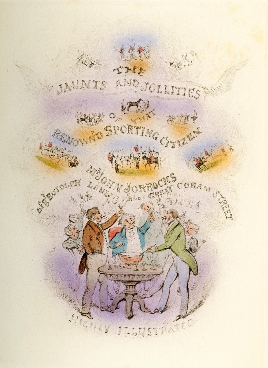 Frontispice, Jorrockss Jaunts and Jollities, svært illustrert, 1838 av Henry Thomas Alken
