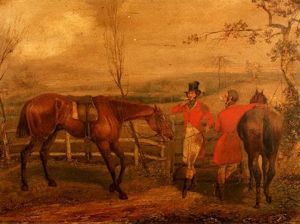 Jegere som røyker ved et gjerde (par 63919) av Henry Thomas Alken
