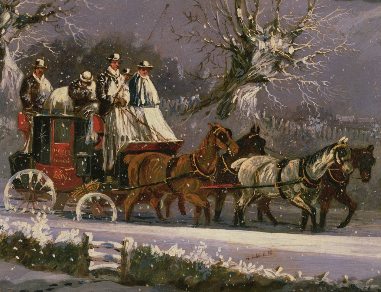 Trener fra London til Dover i snøen av Henry Thomas Alken