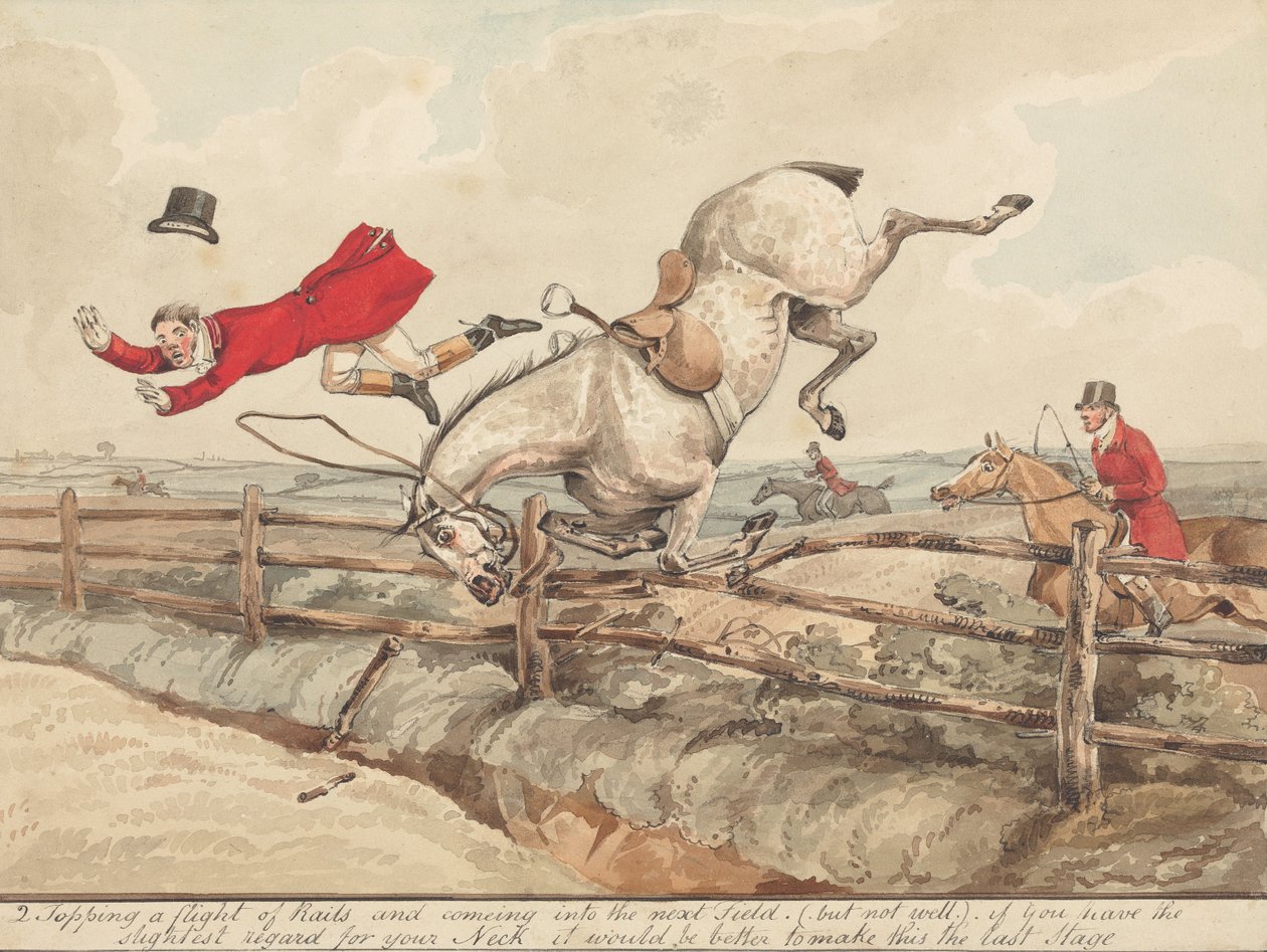 «Kvalifiserte hester og ukvalifiserte ryttere:» «Å hoppe over en rekke hinder ...» av Henry Thomas Alken