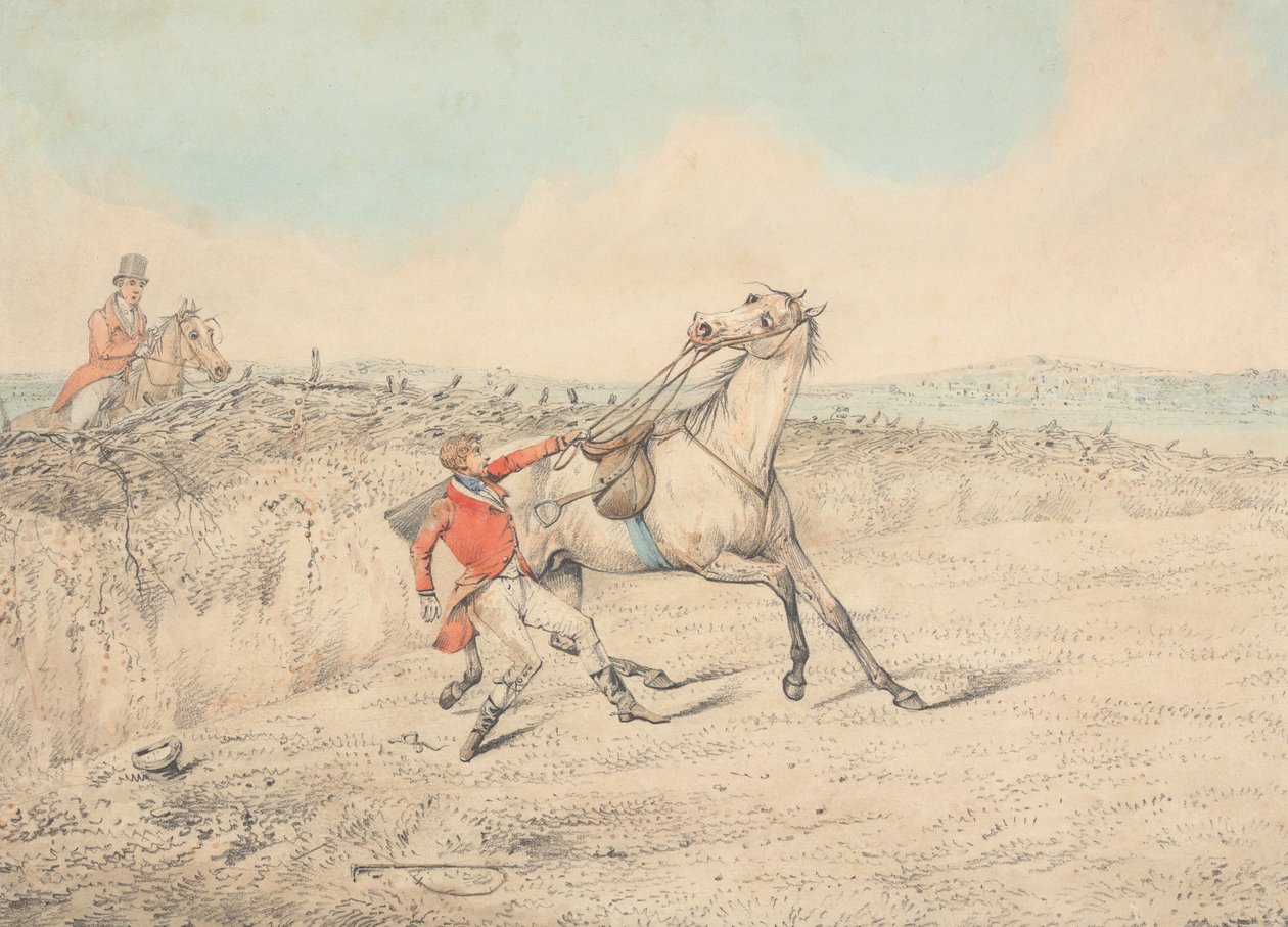 Rytter som holder fast i en grå hest etter et fall av Henry Thomas Alken