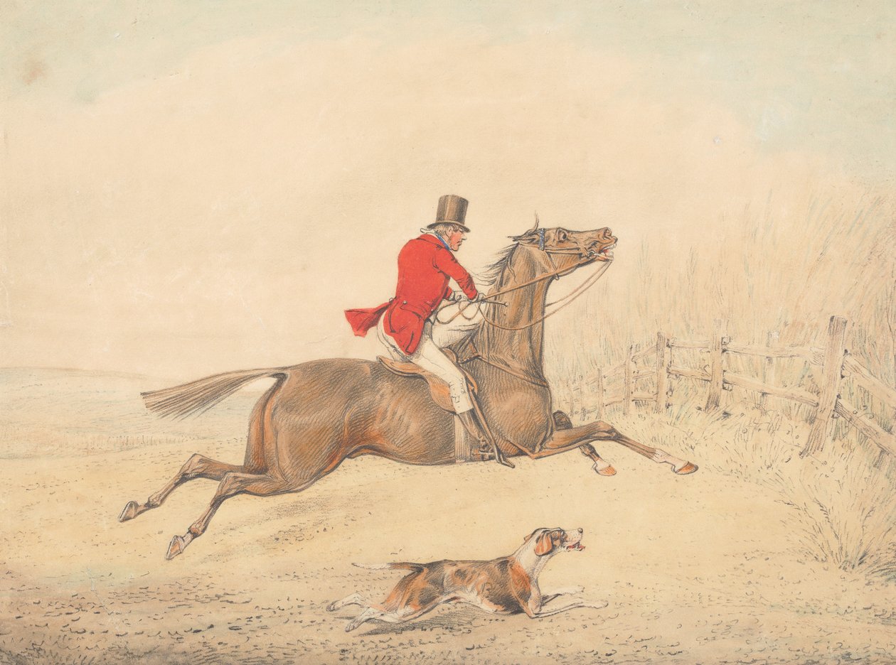 Rytter på en brun hest i ferd med å hoppe over et gjerde mot høyre av Henry Thomas Alken