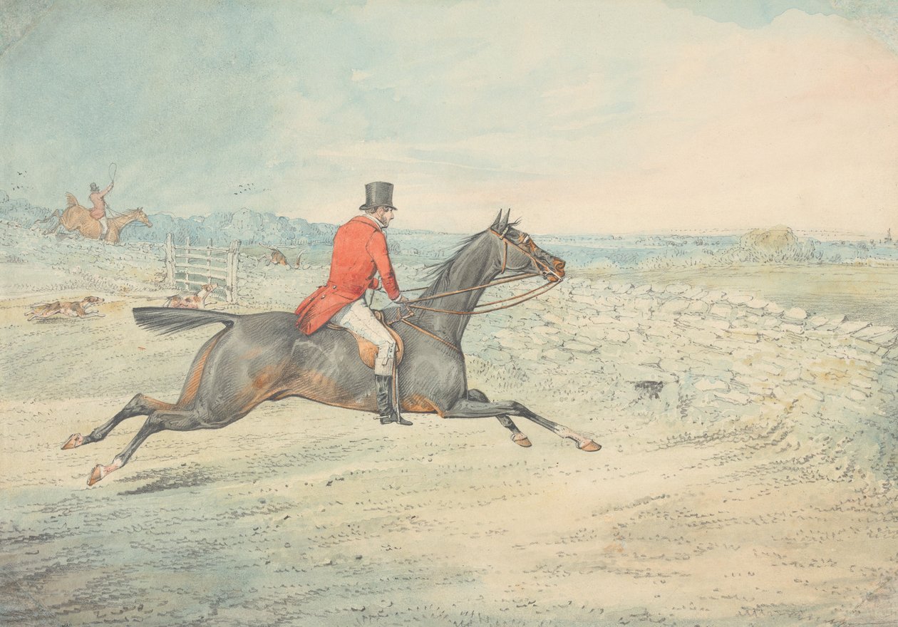 Rytter på en brun hest på vei mot en mur av Henry Thomas Alken