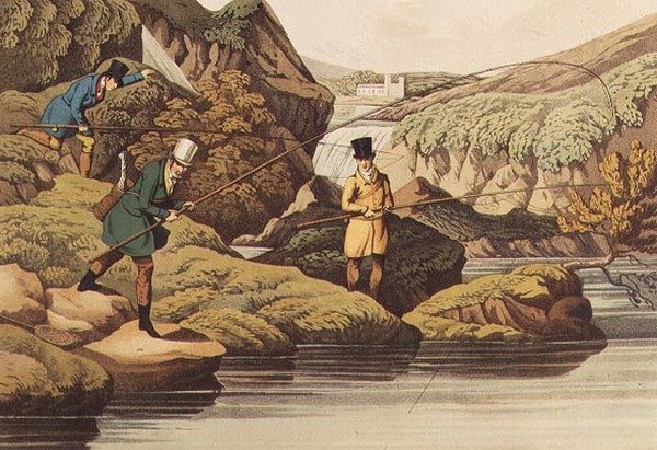 Laksefiske, auqatinted av I. CLark, pub. av Thomas McLean, 1820 (akvatint) av Henry Thomas Alken