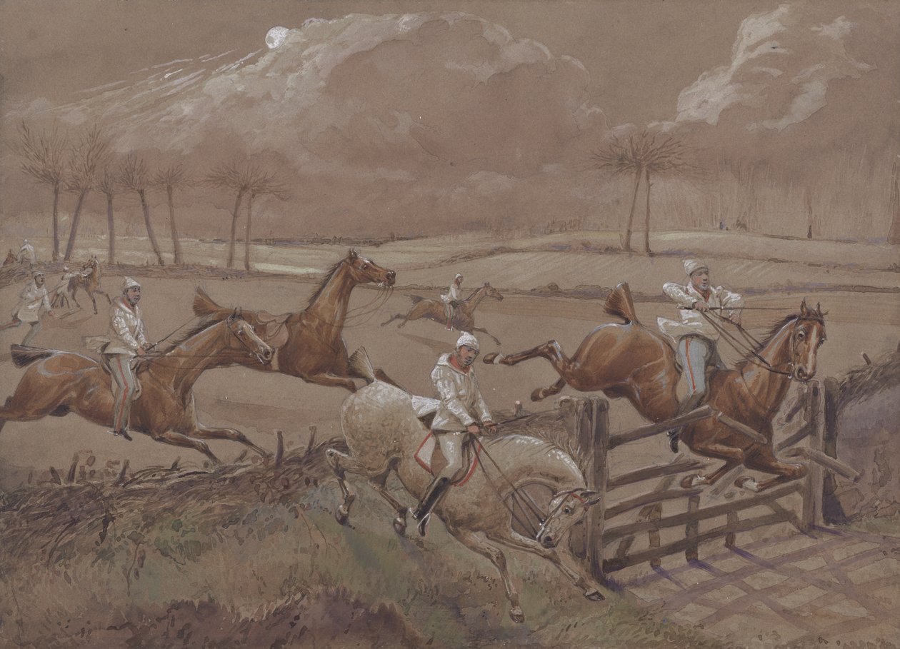 The Last Field nær Nacton Heath, plate 3, fra The First Steeple Chase on Record, gravert av J. Harris, trykt av Ackermann, London i 1839 (farget akvatint) av Henry Thomas Alken
