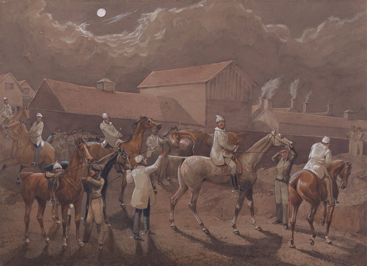 Nactons nattryttere: Forberedelser til avreise. Ipswich, vanningsstedet bak kasernene av Henry Thomas Alken